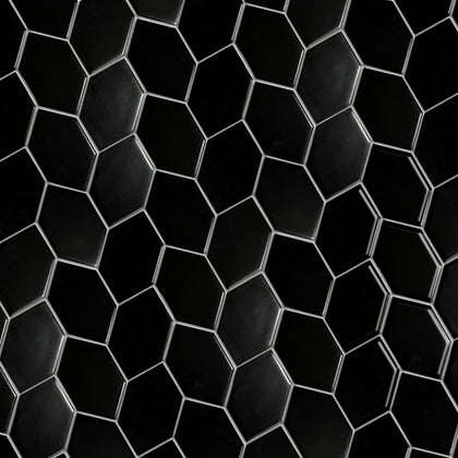 Display board of Black Leaf Pattern Hexagon Mosaic Tile – matte porcelain tiles arranged for showroom sample.