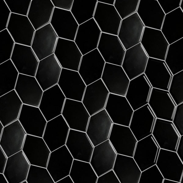 Display board of Black Leaf Pattern Hexagon Mosaic Tile – matte porcelain tiles arranged for showroom sample.
