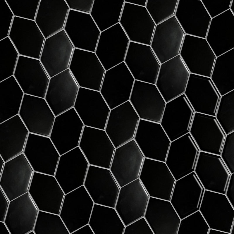 Display board of Black Leaf Pattern Hexagon Mosaic Tile – matte porcelain tiles arranged for showroom sample.
