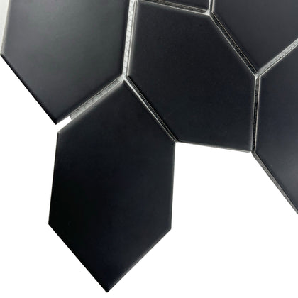 Close-up detail of Black Leaf Hexagon Mosaic Tile – textured porcelain surface with fine interlocking edges.