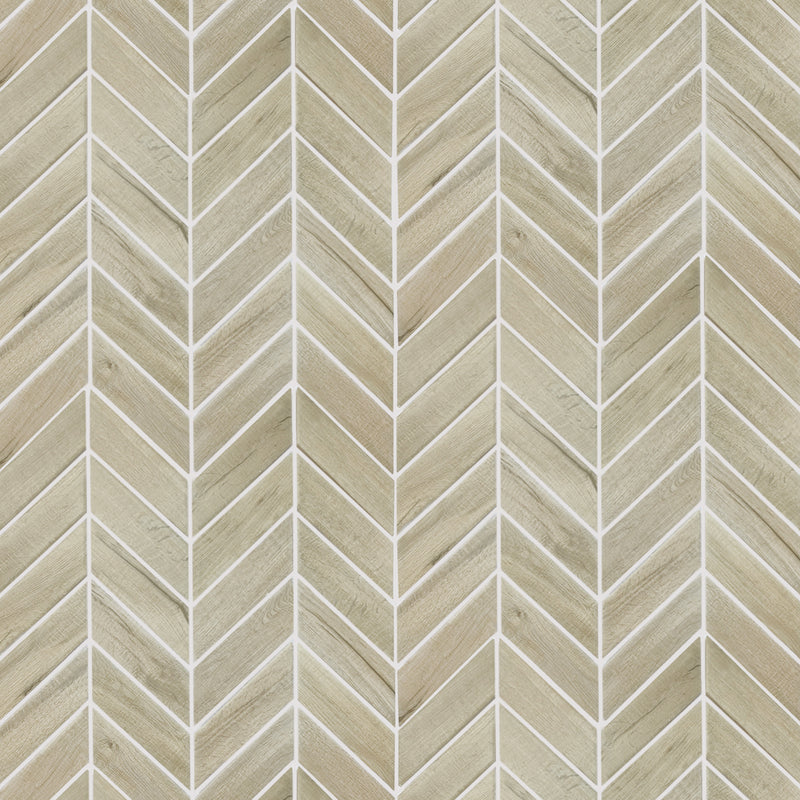 Sample display board of Wood Look Chevron Porcelain Mosaic Tile – textured rustic design for showroom