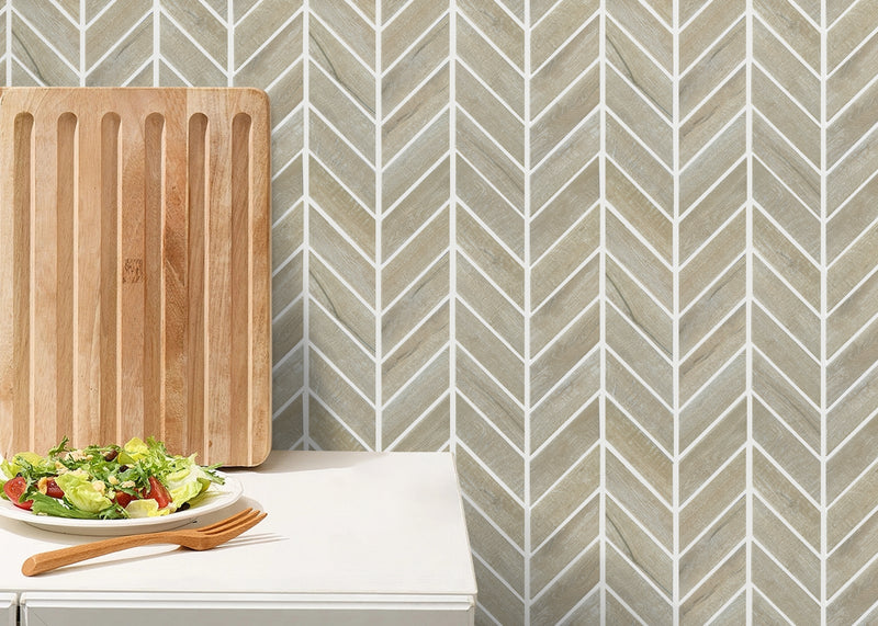 Kitchen backsplash featuring wood-look chevron porcelain mosaic tile – warm rustic design