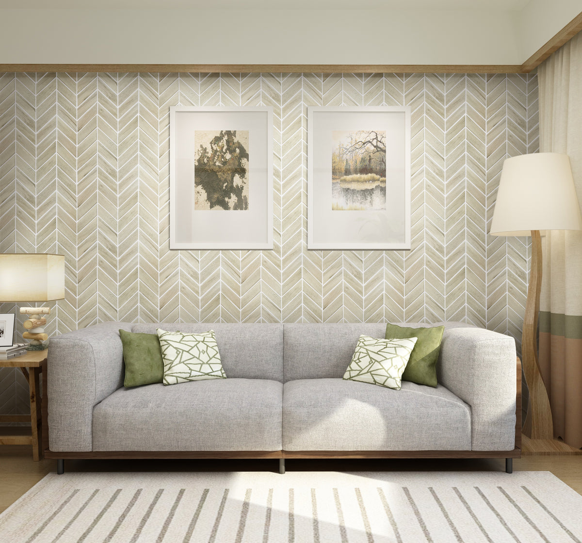 Living room accent wall with wood-look chevron mosaic tile – modern rustic aesthetic