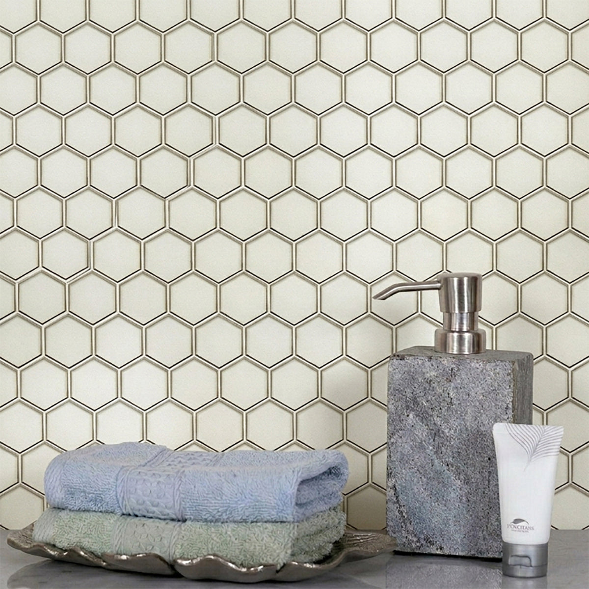 3” Hexagon Silver 9-in x 11-in Glass Mosaic with Silver Trim Glass Mosaic Wall Tile( 7 sq. ft. /Box )