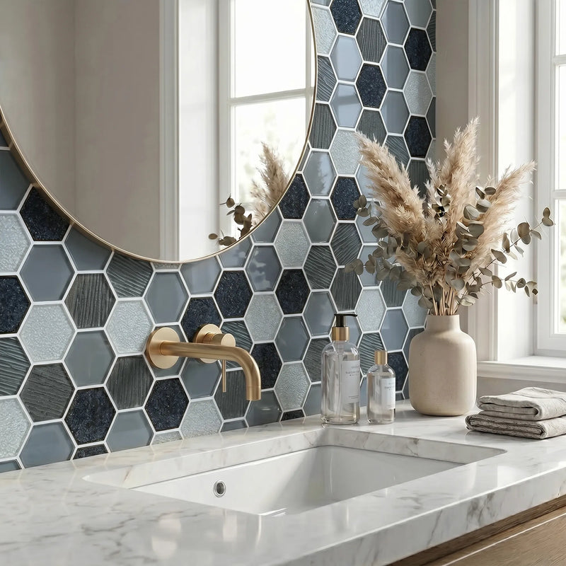 12-in x 11-in Palladian Gray Hex Glass & Porcelain Mosaic Wall Tile( 8.3 sq. ft. /Box )
