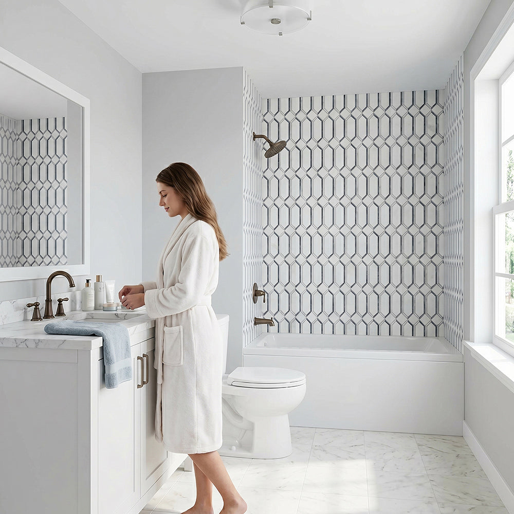 15-in x 12-in Elongated Hexagon Diamond White & Gray  Marble Mosaic  Wall Tile( 6.25 sq. ft. /Box )