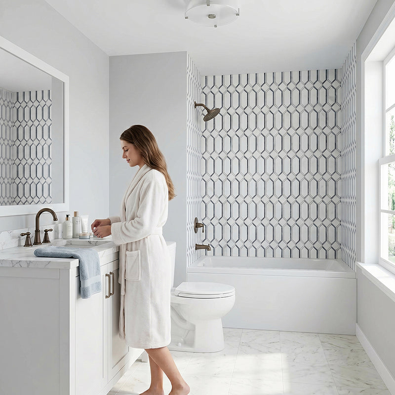 15-in x 12-in Elongated Hexagon Diamond White & Gray  Marble Mosaic  Wall Tile( 6.25 sq. ft. /Box )