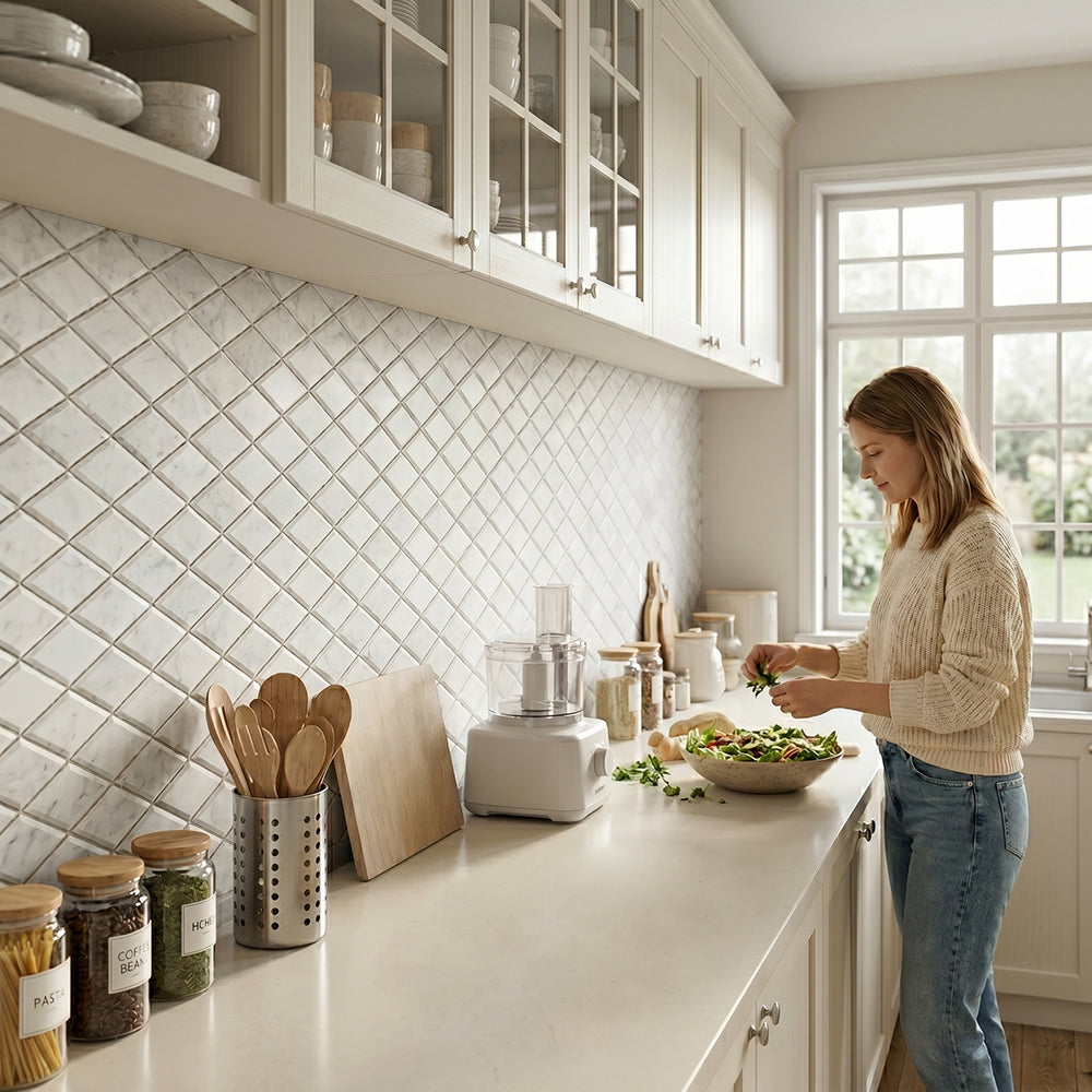 Carrara White Diamond 12-in x 12-in Beveled Marble Mosaic Wall Tile( 5 sq. ft. /Box )