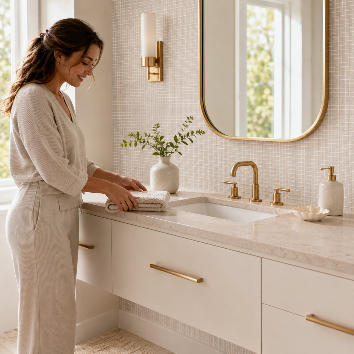 Cream Marfil 12-in x 12-in Polished Mosaic Floor and Wall Tile( 5 sq. ft. /Box )