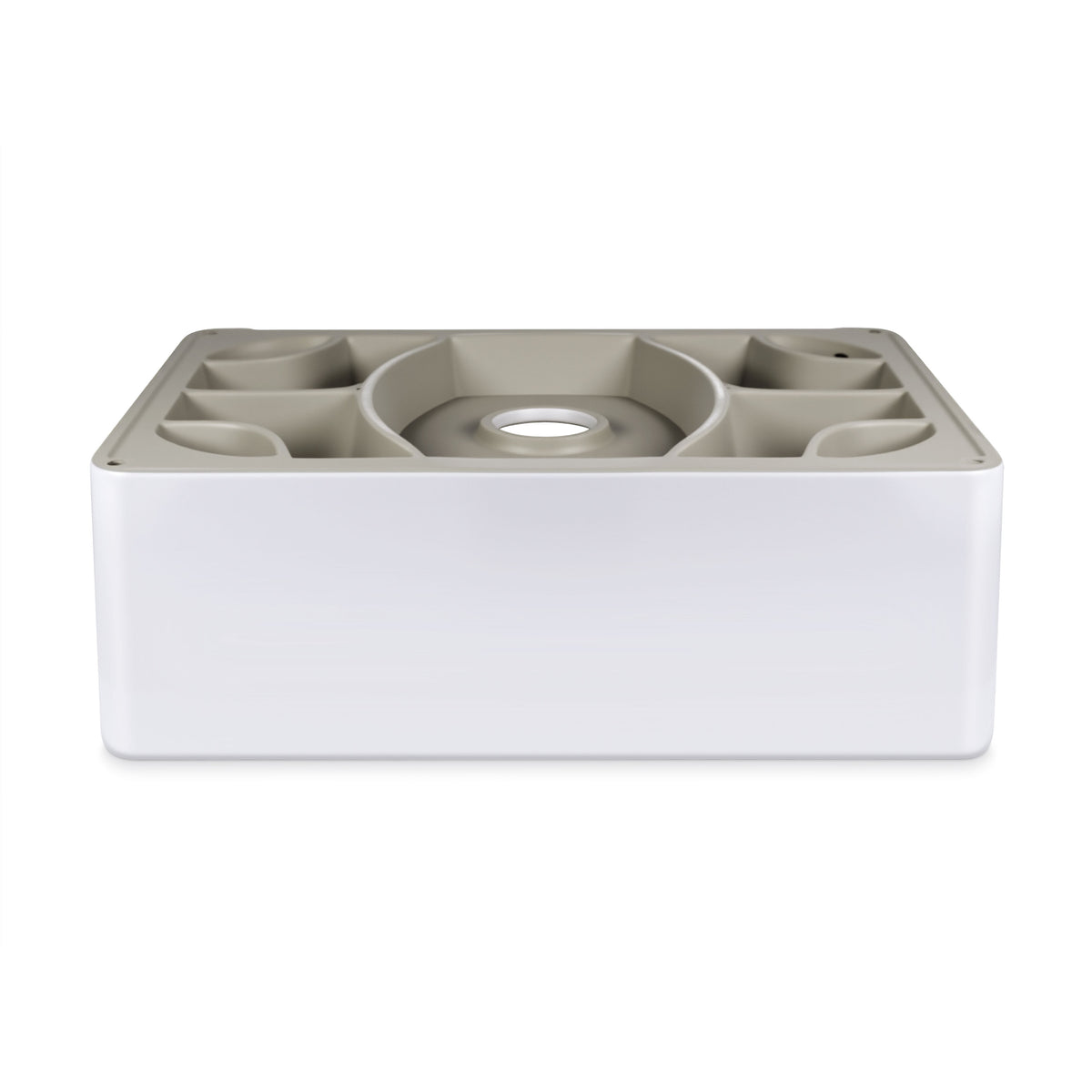 30 inch white ceramic farmhouse sink with deep single bowl apron front basin design.