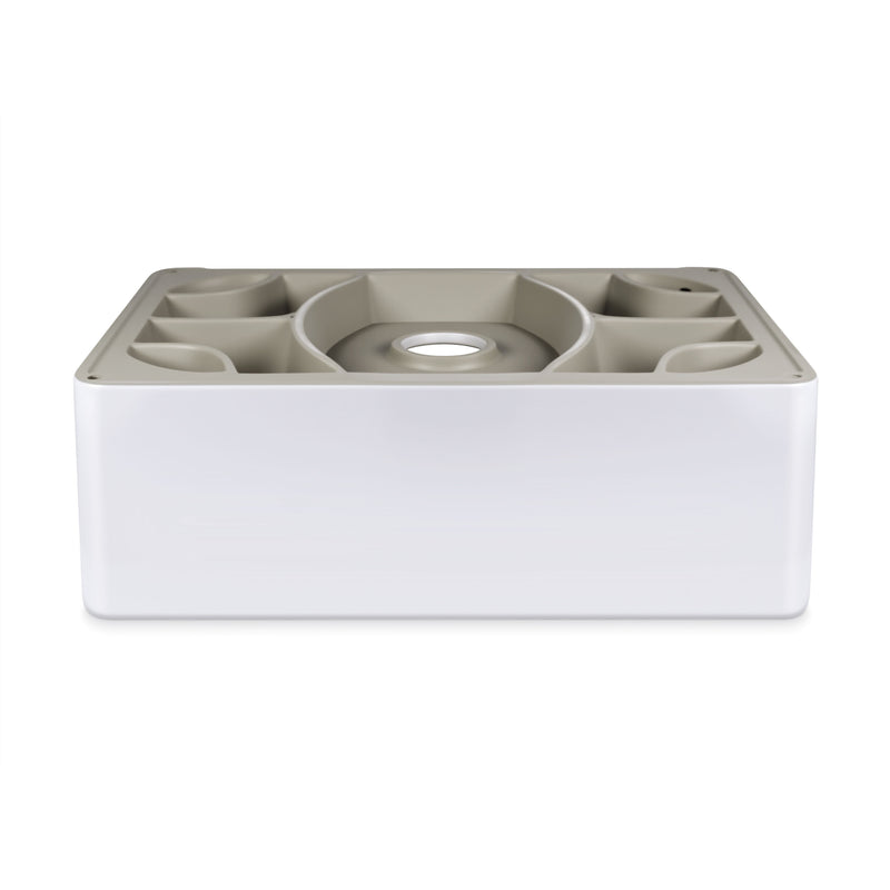 30 inch white ceramic farmhouse sink with deep single bowl apron front basin design.