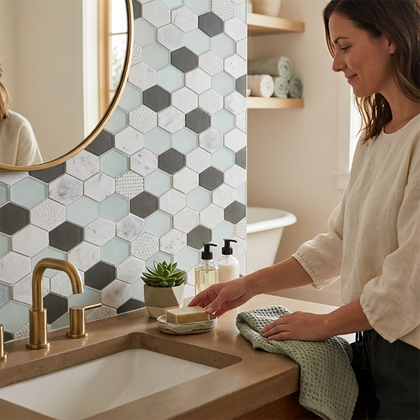 Anthracite Geo Hexagon Sequin Pattern 12-in x 13-in Marble with Glass Mosaic Wall Tile( 5.4 sq. ft. /Box )