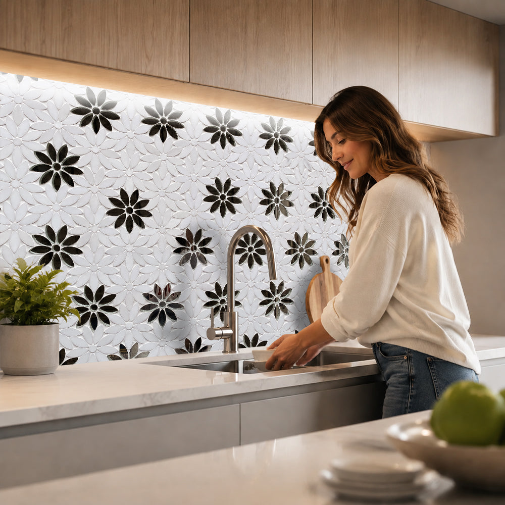 Interlocking Floral with Thassos & Antique Mirror 9-in x 11-in Waterjet Mosaic Floor and Wall Tile( 7 sq. ft. /Box )