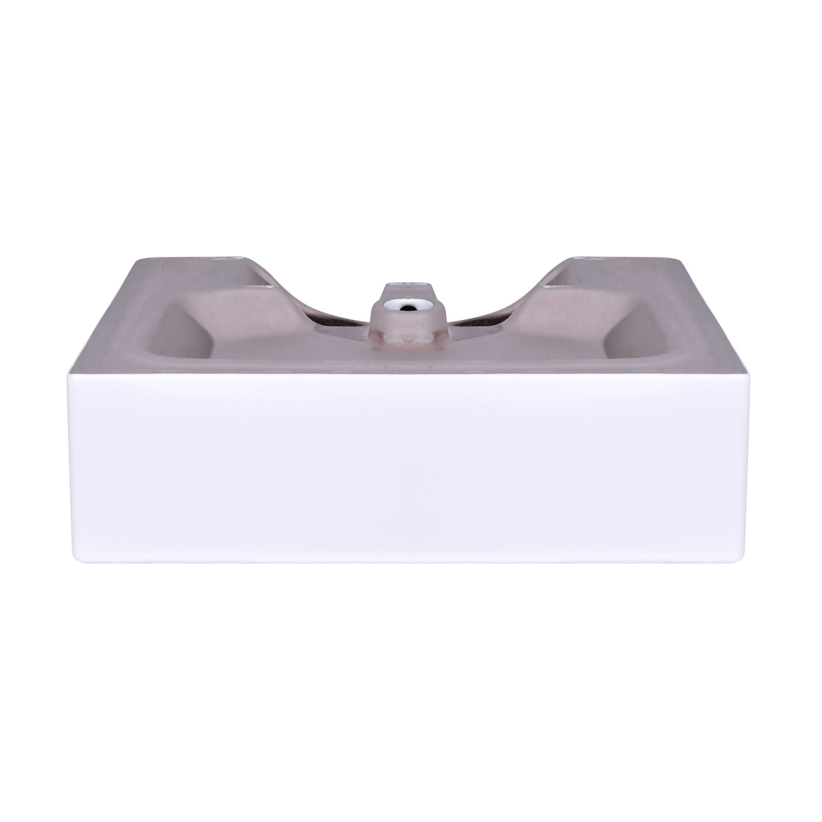 Front view of a 21 inch modern white ceramic bathroom vessel sink with overflow, showcasing its sleek rectangular design.