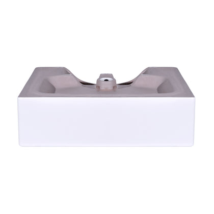 Front view of a 21 inch modern white ceramic bathroom vessel sink with overflow, showcasing its sleek rectangular design.