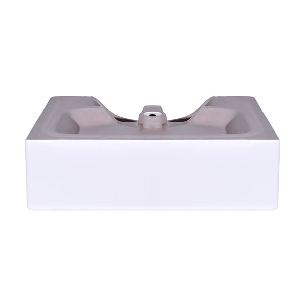 Front view of a 21 inch modern white ceramic bathroom vessel sink with overflow, showcasing its sleek rectangular design.