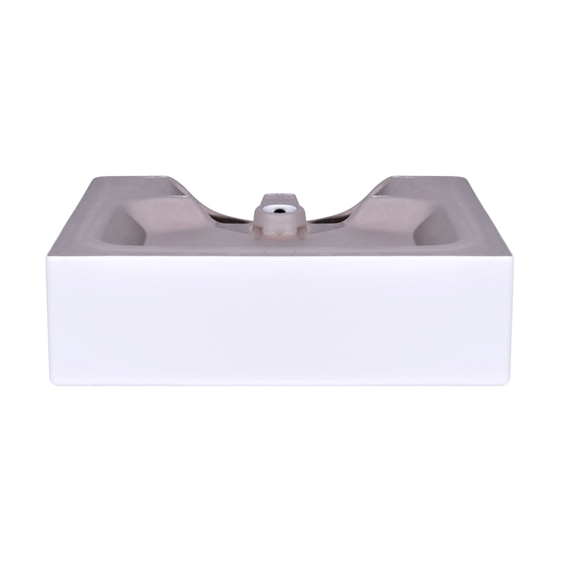 Front view of a 21 inch modern white ceramic bathroom vessel sink with overflow, showcasing its sleek rectangular design.