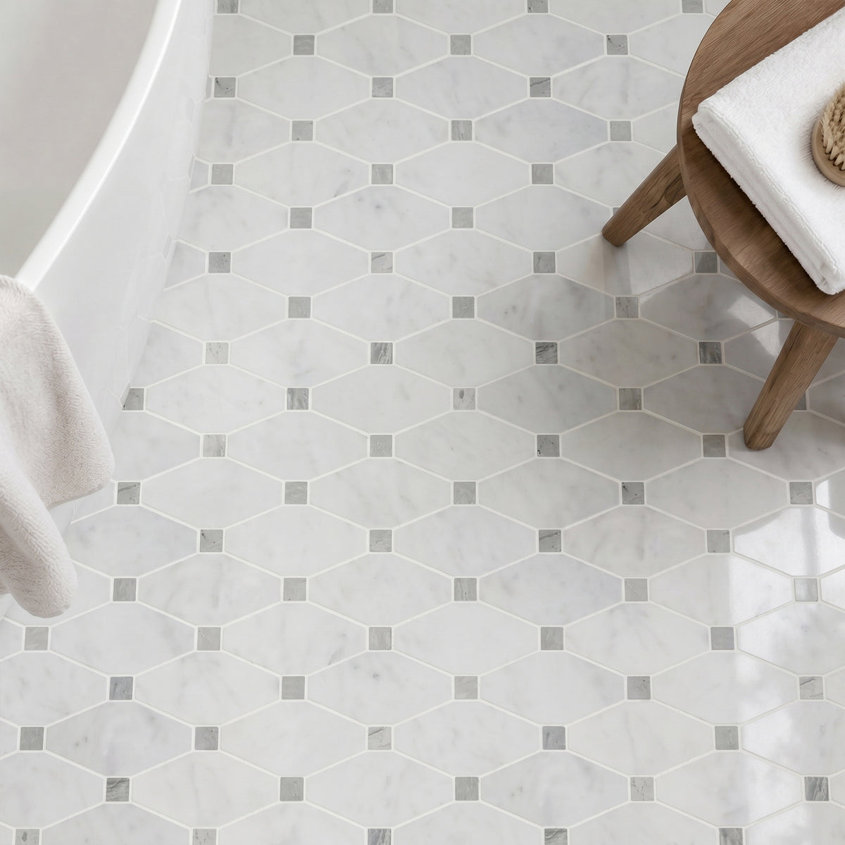 Carrara White Octagon 12-in x 11-in Polished Marble Mosaic Floor and Wall Tile( 4.6 sq. ft. /Box )