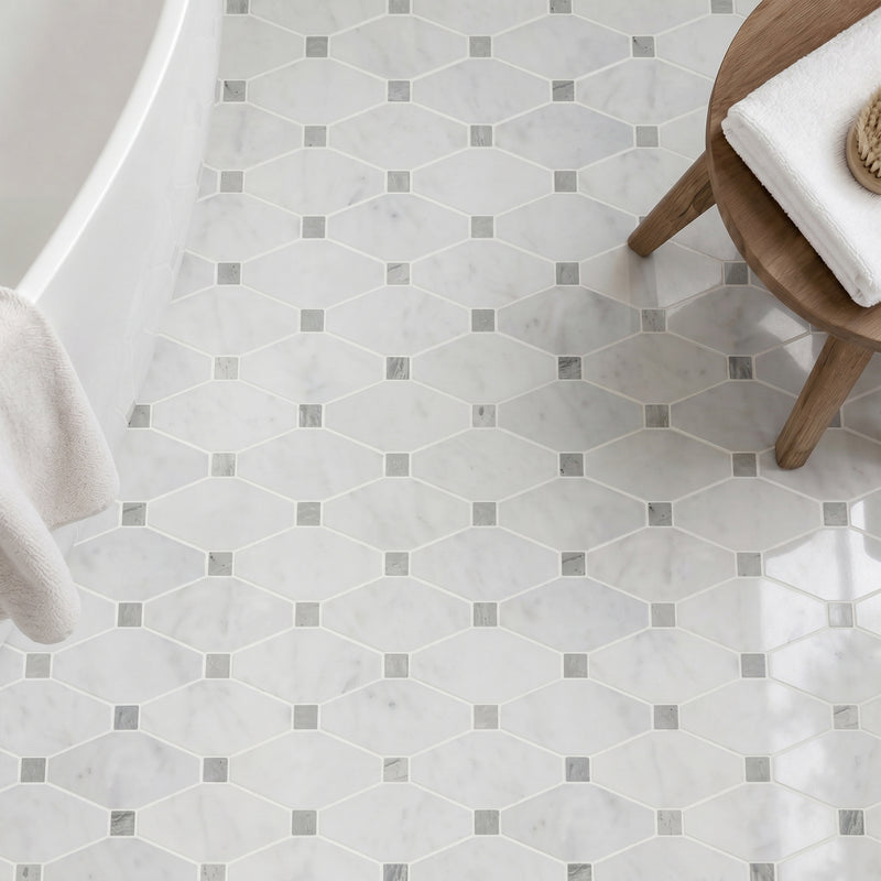 Carrara White Octagon 12-in x 11-in Polished Marble Mosaic Floor and Wall Tile( 4.6 sq. ft. /Box )