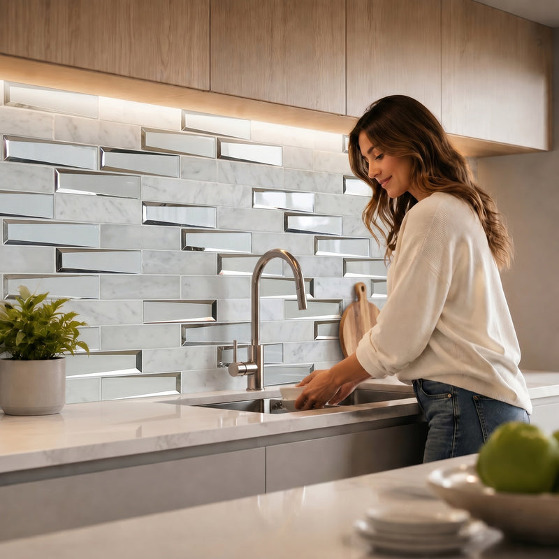 Carrara Marble & 3D Glass Mix 12-in x 12-in Glass Mosaic Wall Tile( 10 sq. ft. /Box )