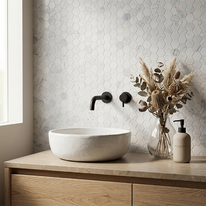 2-in Oriental White Hexagon 12-in x 12-in Honed Marble Mosaic Floor and Wall Tile ( 5 sq. ft. /Box )