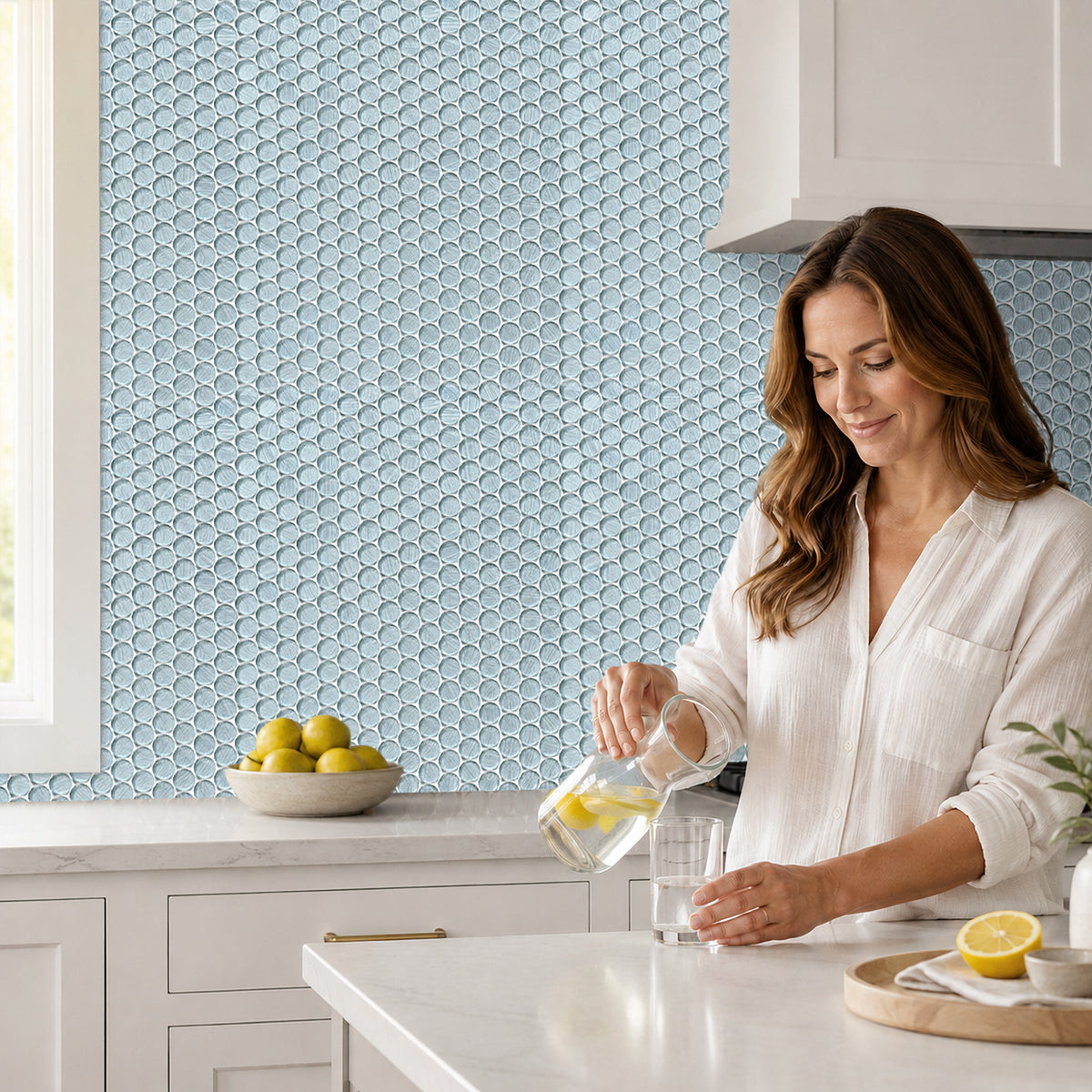 Inkjet Blue 11-in x 11-in Glass Penny Mosaic Wall Tile( 8.3 sq. ft. /Box )