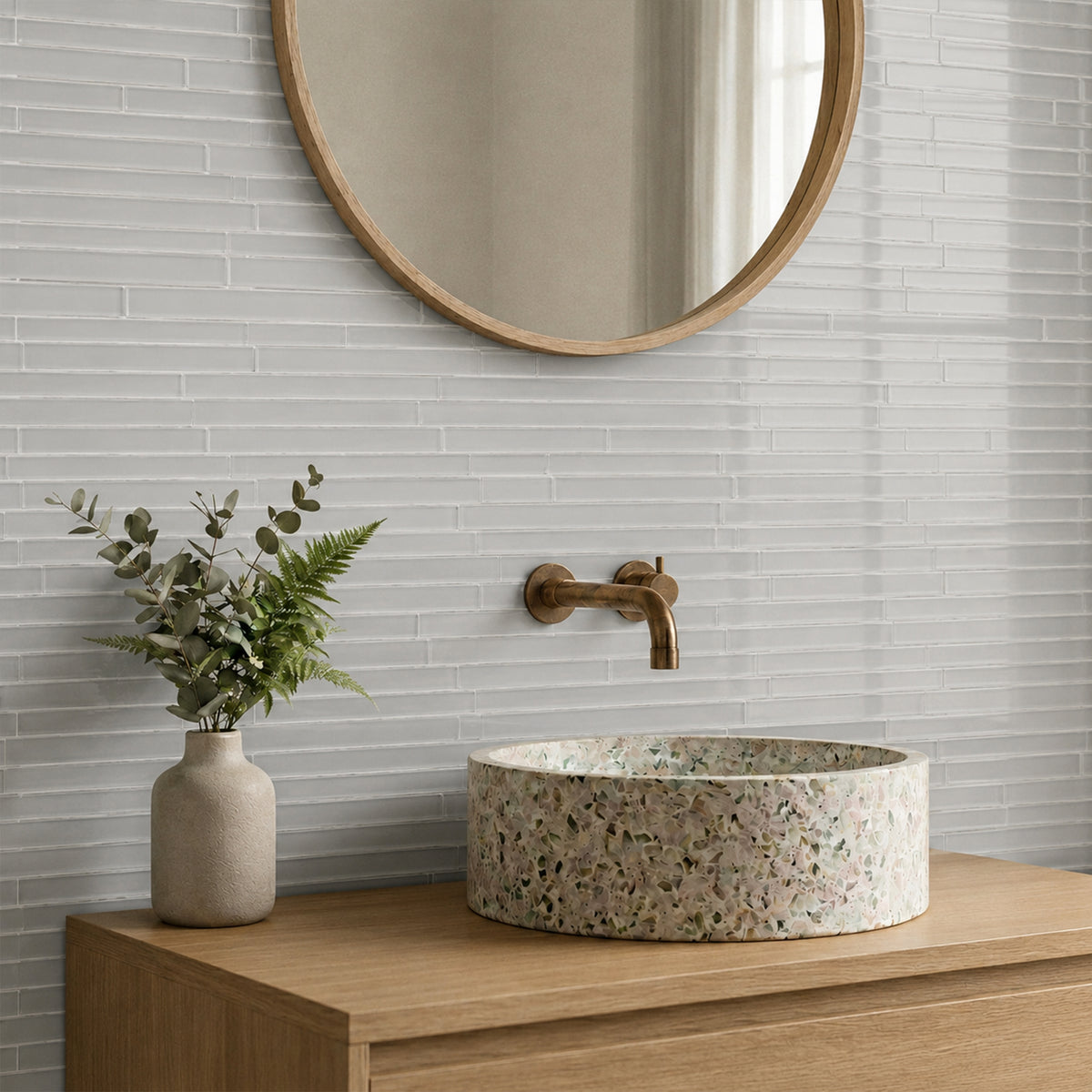 Nude Denim Glass Mix Random Strip 6-in x 18-in Glass Mosaic Wall Tile( 7.5 sq. ft. /Box )