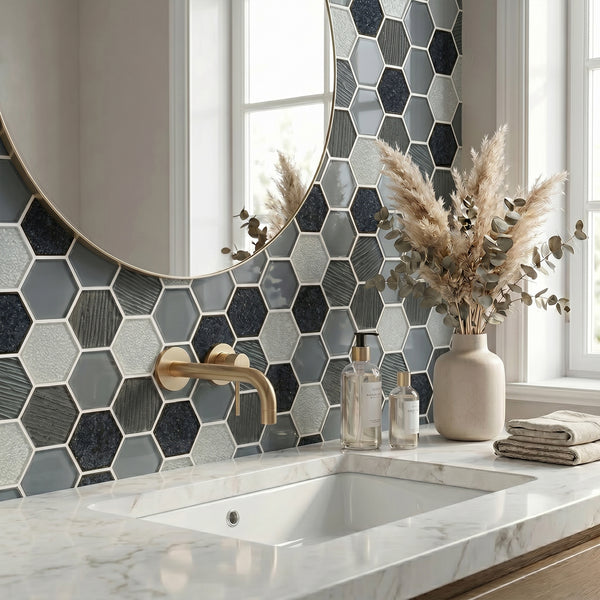 12-in x 11-in Palladian Gray Hex Glass & Porcelain Mosaic Wall Tile( 8.3 sq. ft. /Box )