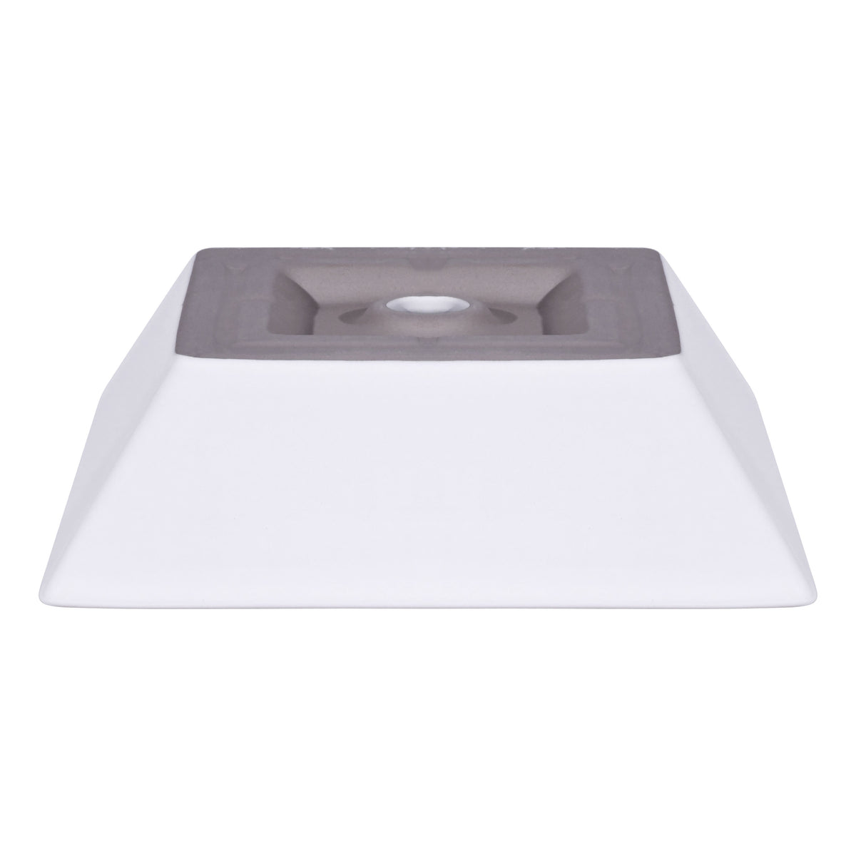 Square modern white ceramic vessel sink viewed from above, showcasing its sleek design and minimalist style.