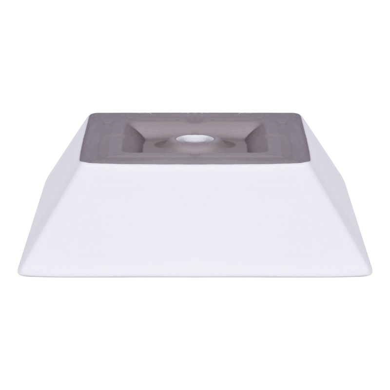 Square modern white ceramic vessel sink viewed from above, showcasing its sleek design and minimalist style.