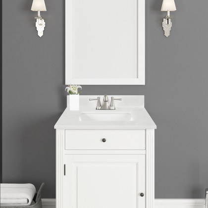 25" Carrara quartz vanity top with sink in a stylish bathroom setup.