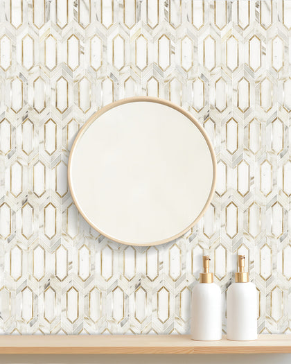Calacatta Gold with Metal Elongated Hexagon 12-in x 14-in Waterjet Mosaic Wall Tile( 8.85 sq. ft. /Box )