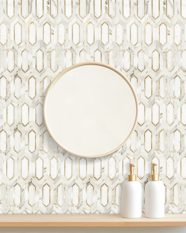 Calacatta Gold with Metal Elongated Hexagon 12-in x 14-in Waterjet Mosaic Wall Tile( 8.85 sq. ft. /Box )
