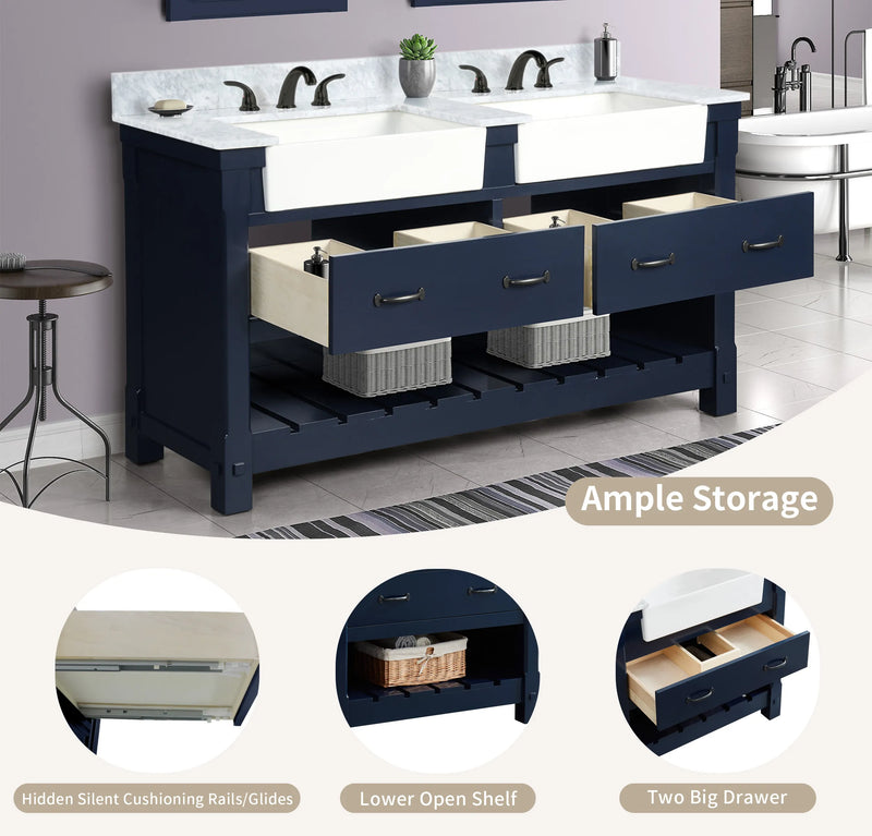 Farmington navy blue 60" Open Shelf Vanity Set with Premium Carrara Marble Top