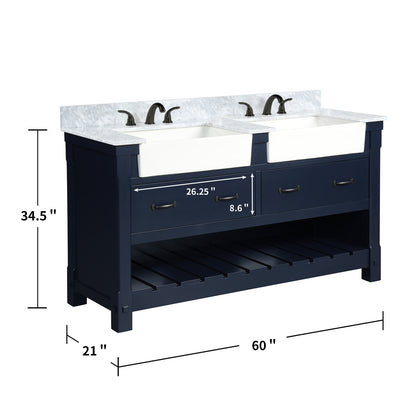 Farmington navy blue 60" Open Shelf Vanity Set with Premium Carrara Marble Top
