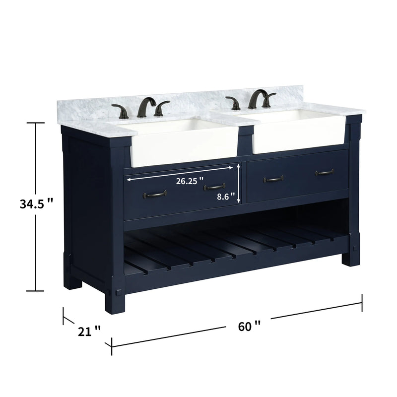 Farmington navy blue 60" Open Shelf Vanity Set with Premium Carrara Marble Top