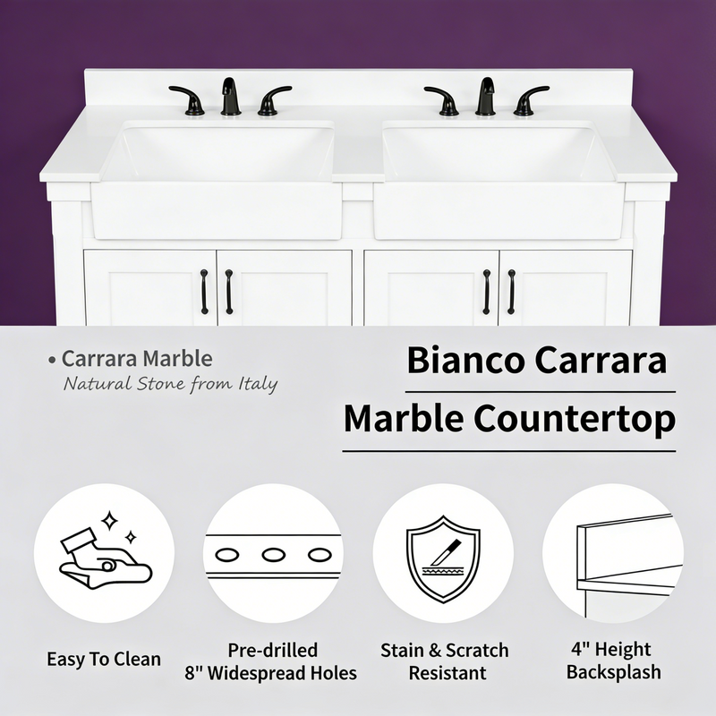 Farmington 60" Open Shelf Vanity Set with Premium Carrara Marble Top