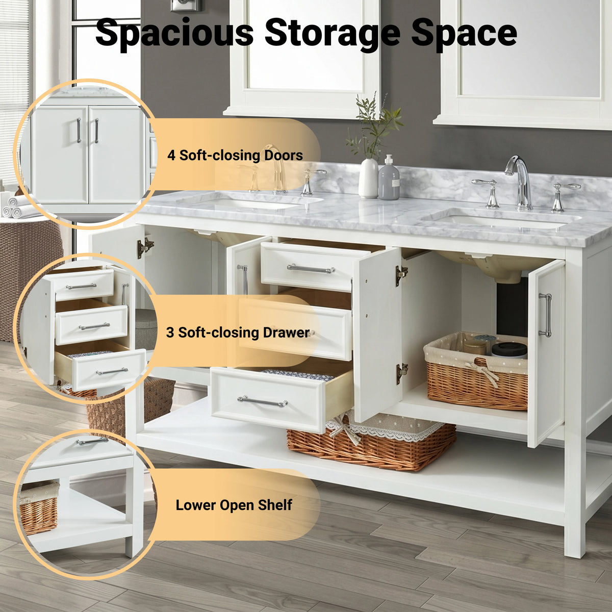 60 inch Manhattan vanity with Carrara marble top showcasing spacious storage with soft-closing doors and drawers.