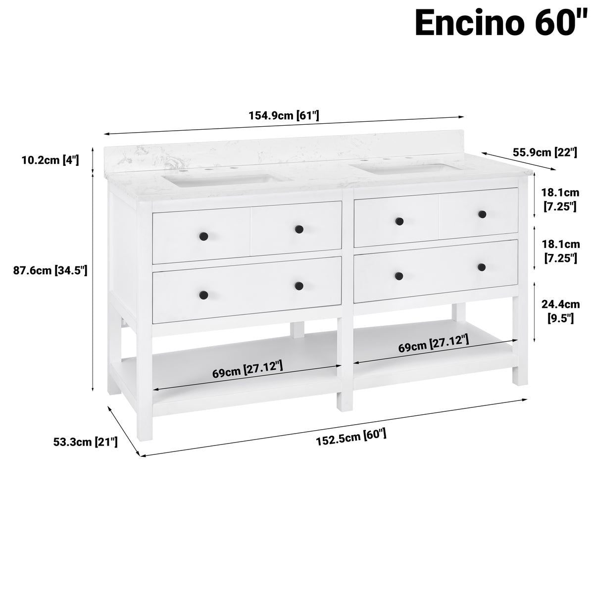 Encino 60" Double Vanity With Carrara white Quartz Stone Top
