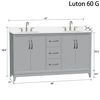 60 inch gray double vanity with white quartz top and dimensions, featuring two sinks and brushed nickel hardware.