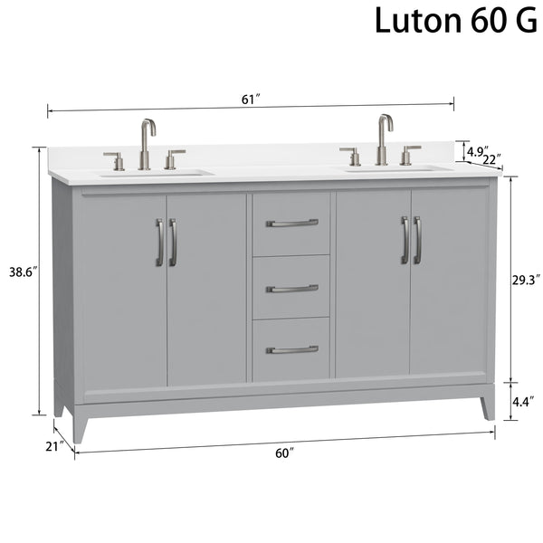 Luton 60" Vanity in Gray with Snow White Quartz Top