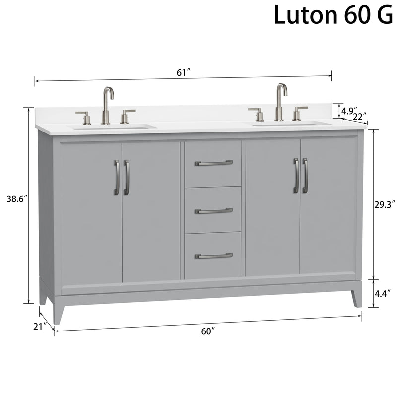 Luton 60" Vanity in Gray with Snow White Quartz Top