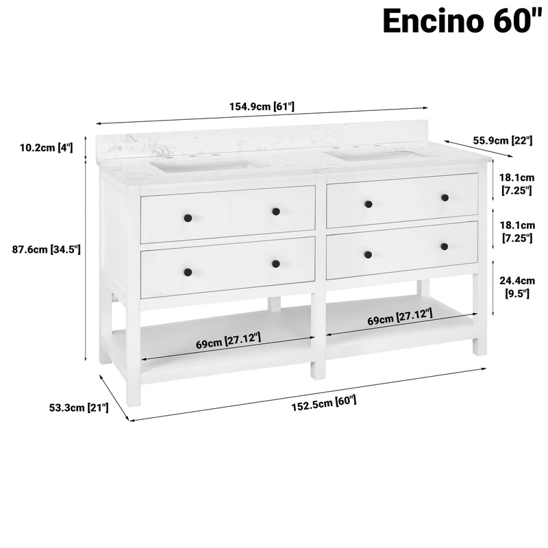 Encino 60" Double Vanity With Carrara white Quartz Stone Top