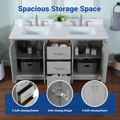 60 inch gray double vanity with white quartz top showcasing spacious storage with soft-closing drawers and doors.