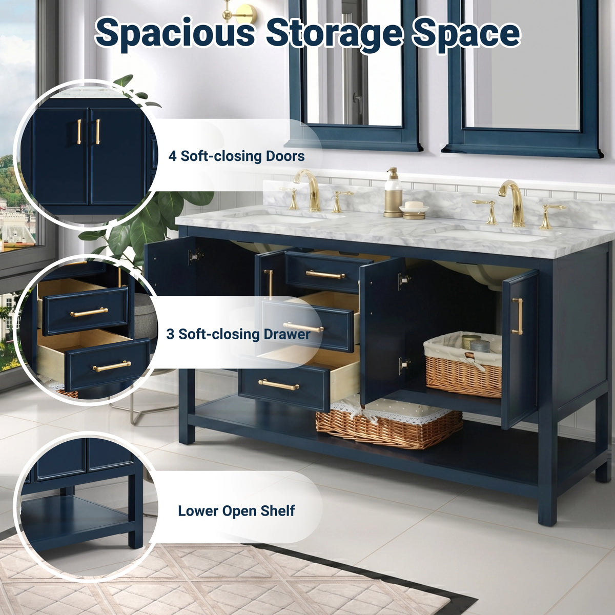 60 inch Manhattan vanity with Carrara marble top featuring spacious storage space, soft-closing drawers, and doors.