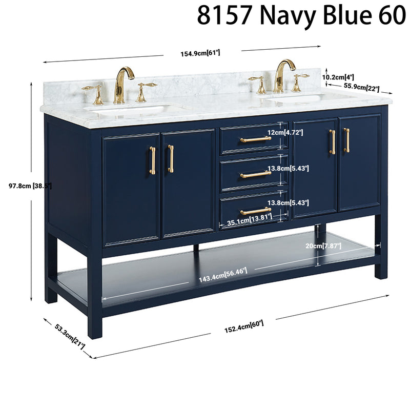 60 inch Manhattan vanity with Carrara marble top featuring navy blue finish and gold fixtures.