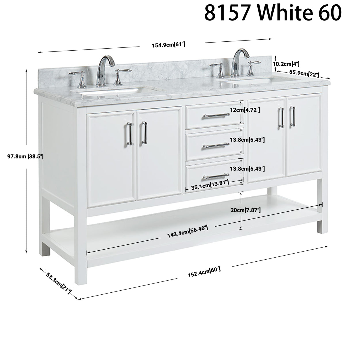 60 inch Manhattan vanity with Carrara marble top dimensions and features.