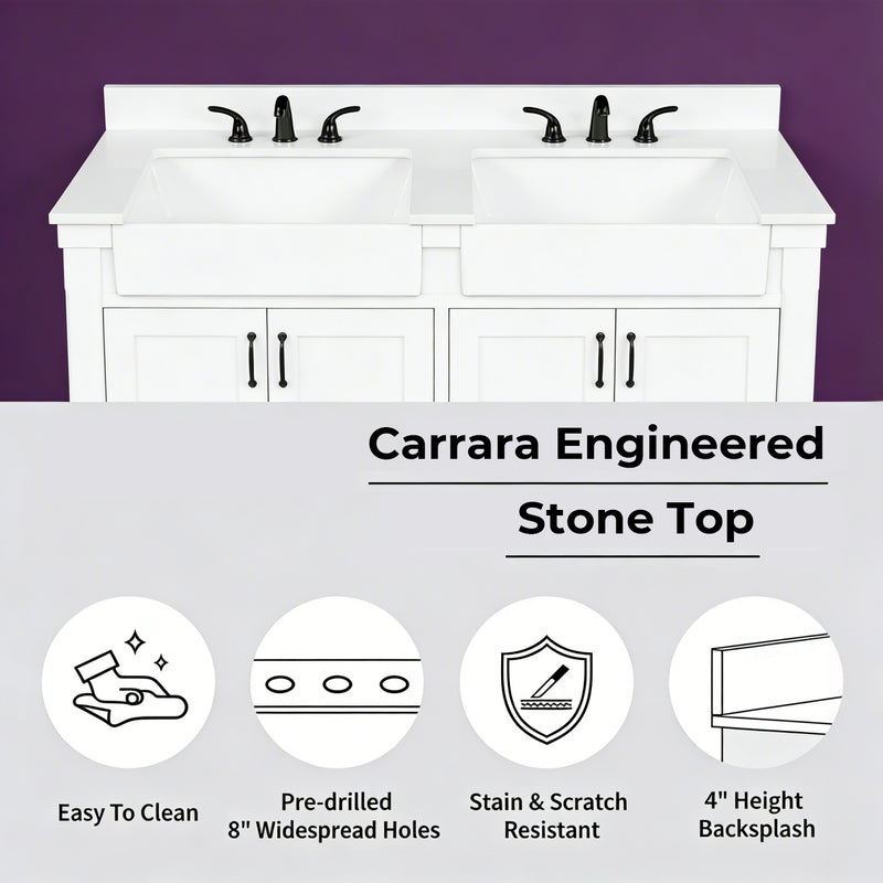 Farmington 60" Vanity Family Set with  Carrara Engineered stone top - Dove White