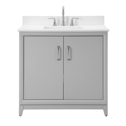 Luton 36 inch gray bathroom vanity with white quartz top featuring double doors and sleek silver handles.