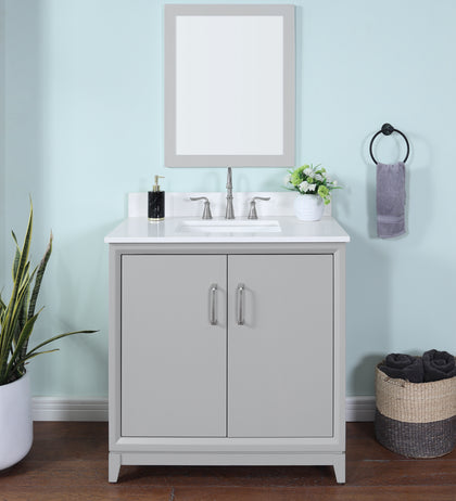 36 inch gray bathroom vanity with white quartz top in medium-sized bathroom setting.